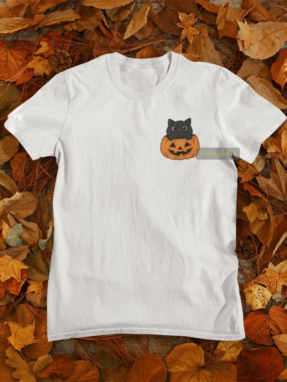 🆕Black Kitty Cat Pumpkin Corner White T-Shirt Graphic Tee